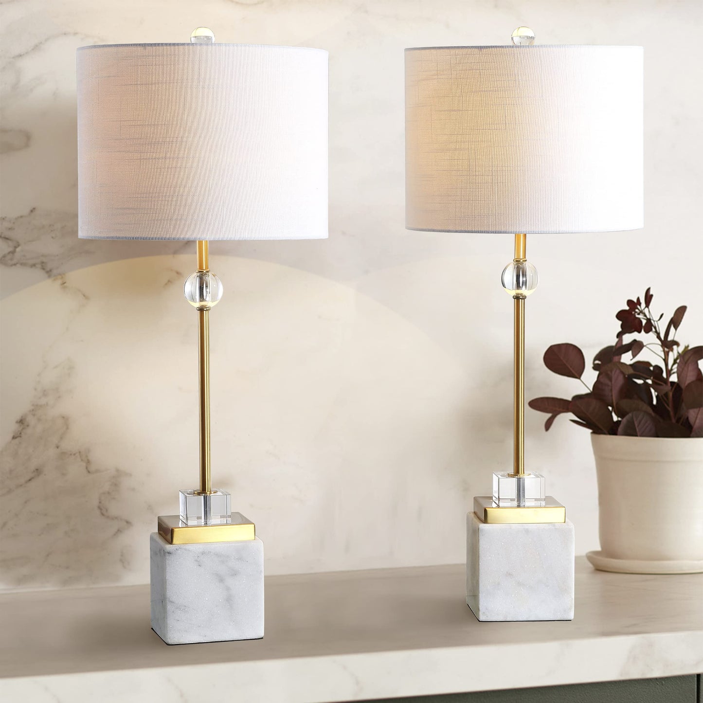 Modern Marble and Acrylic Base Table Lamps 30" Tall Set of 2 with Drum Lampshades Included