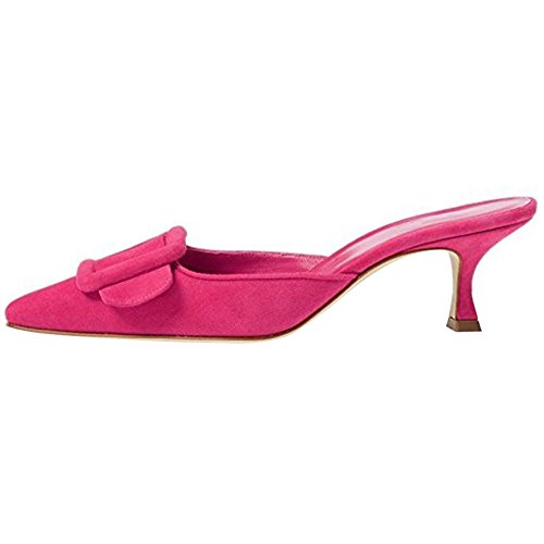 Hot Pink Pointed-Toe Buckle Kitten Heels Mules Slides Backless Dress Sandals Hot Pink