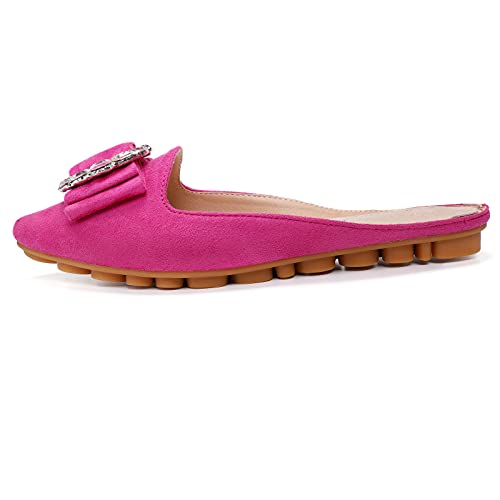 Hot Pink Pointed Toe Rhinestone Mules Shoes Slip-on Suede Backless Flats