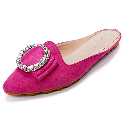 Hot Pink Pointed Toe Rhinestone Mules Shoes Slip-on Suede Backless Flats