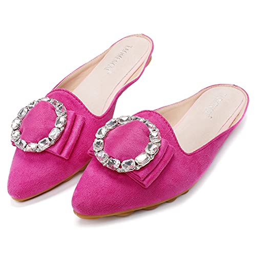 Hot Pink Pointed Toe Rhinestone Mules Shoes Slip-on Suede Backless Flats