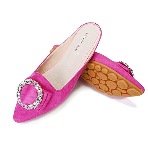 Hot Pink Pointed Toe Rhinestone Mules Shoes Slip-on Suede Backless Flats