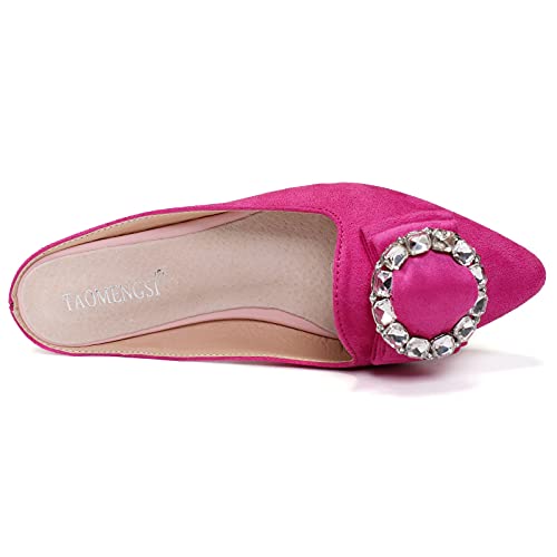 Hot Pink Pointed Toe Rhinestone Mules Shoes Slip-on Suede Backless Flats