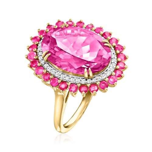 8.25 Carat Pink Topaz & .90 ct. t.w. Ruby Cocktail Ring With .19 ct. t.w. Diamonds in 14kt Yellow Gold