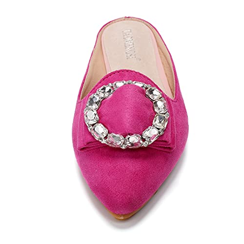 Hot Pink Pointed Toe Rhinestone Mules Shoes Slip-on Suede Backless Flats