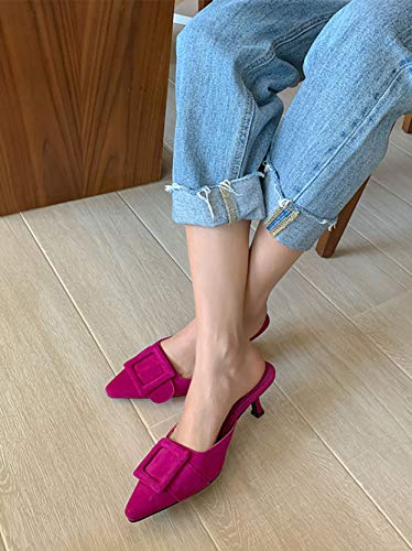 Hot Pink Pointed-Toe Buckle Kitten Heels Mules Slides Backless Dress Sandals Hot Pink