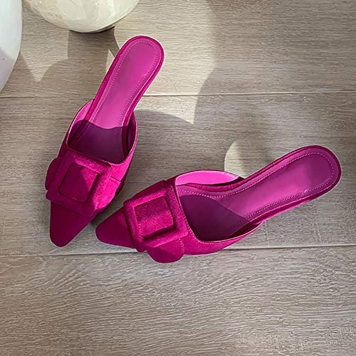 Hot Pink Pointed-Toe Buckle Kitten Heels Mules Slides Backless Dress Sandals Hot Pink