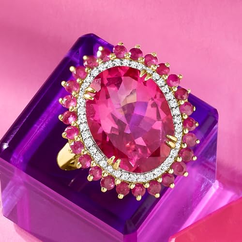 8.25 Carat Pink Topaz & .90 ct. t.w. Ruby Cocktail Ring With .19 ct. t.w. Diamonds in 14kt Yellow Gold