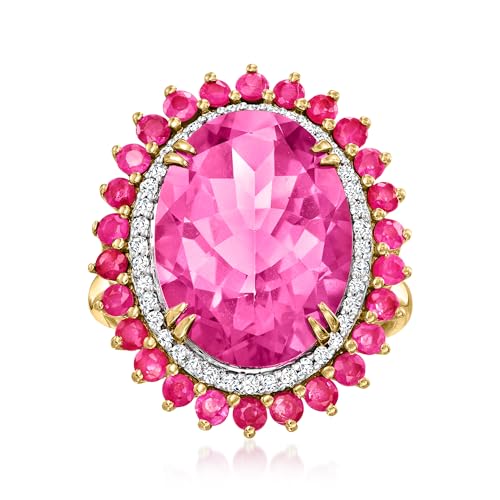 8.25 Carat Pink Topaz & .90 ct. t.w. Ruby Cocktail Ring With .19 ct. t.w. Diamonds in 14kt Yellow Gold