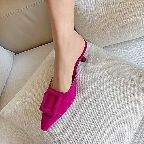 Hot Pink Pointed-Toe Buckle Kitten Heels Mules Slides Backless Dress Sandals Hot Pink