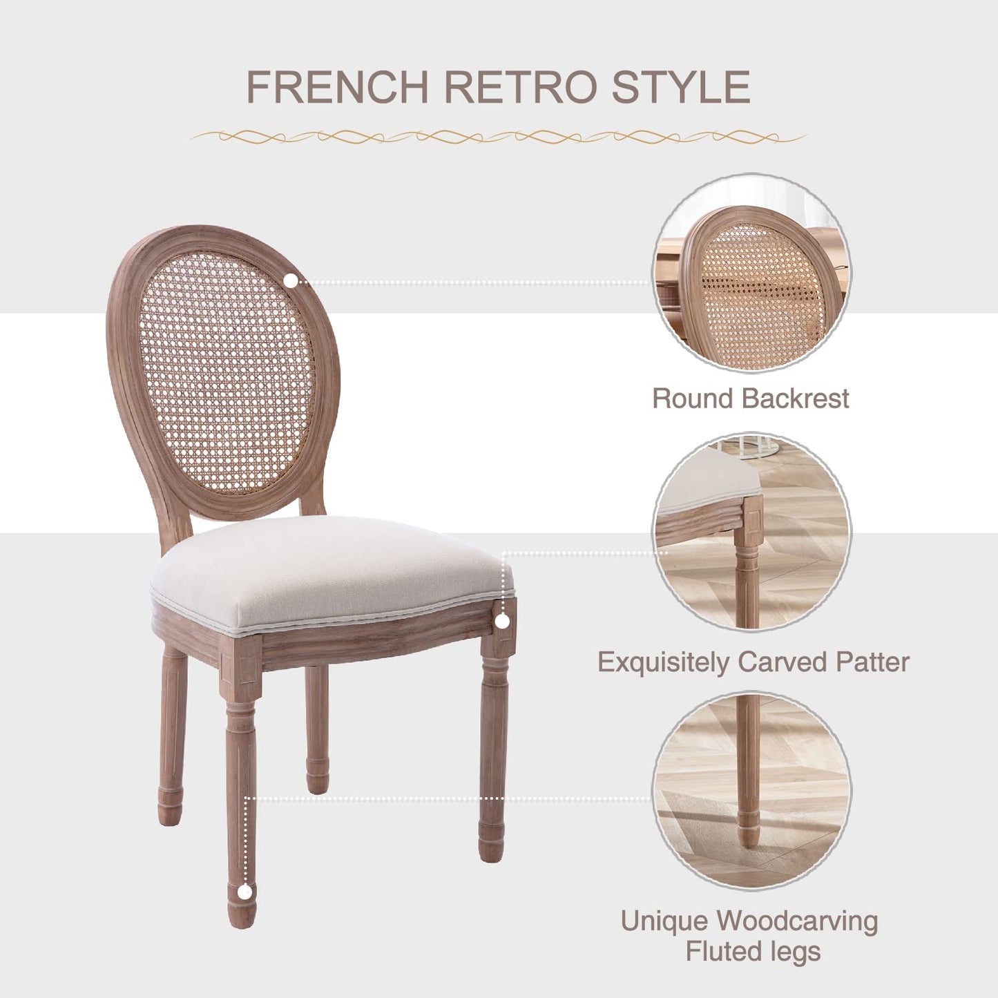 Rattan French Farmhouse Dining Chairs with Curved Backrest Set of 2, 4 or 6. Rattan or Fabric Back