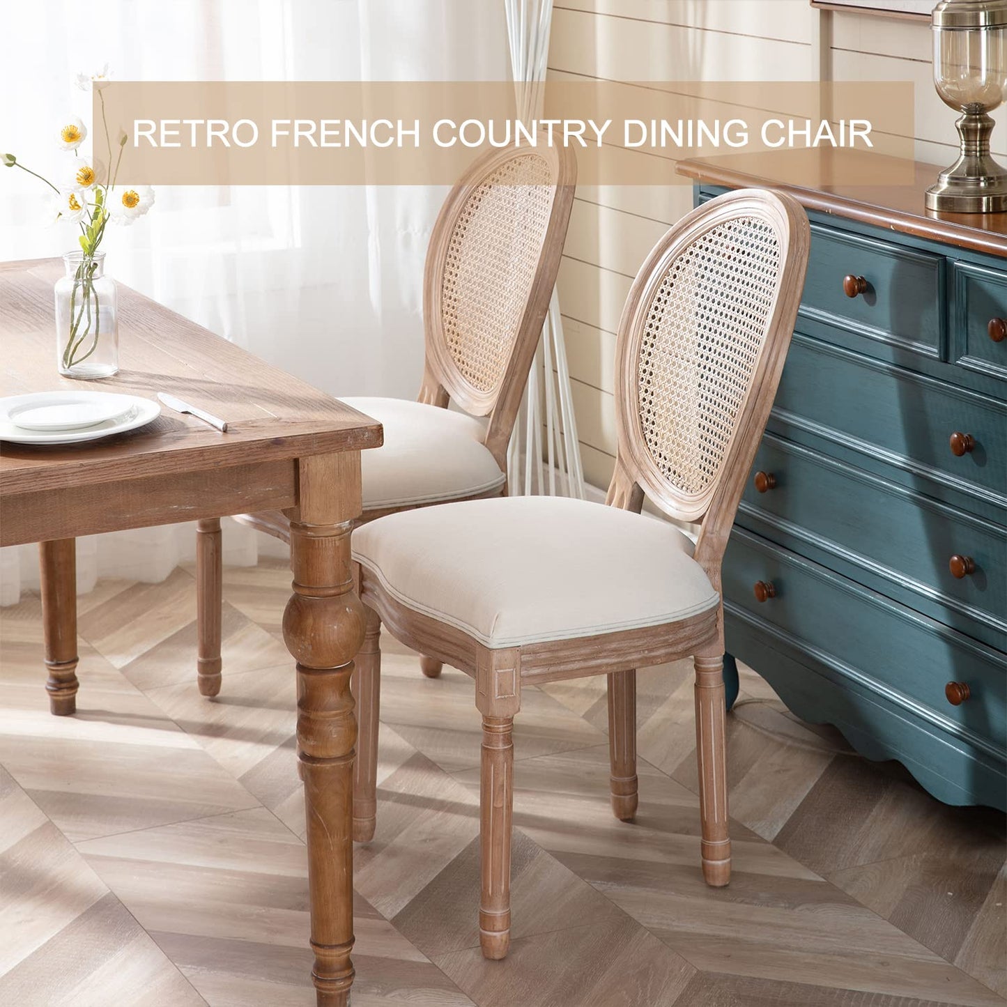 Rattan French Farmhouse Dining Chairs with Curved Backrest Set of 2, 4 or 6. Rattan or Fabric Back