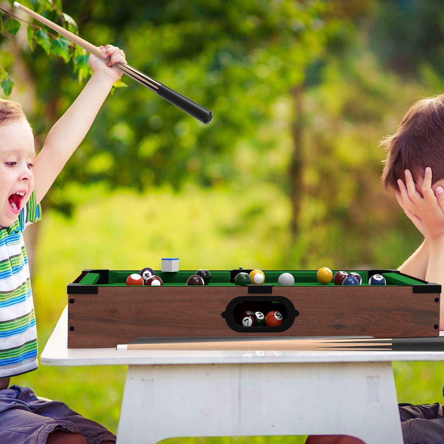 Mini Tabletop Billiards Pool Set- Includes Game Balls, Sticks, Chalk, Brush and Triangle-Portable and Fun for The Whole Family, Green, (476551SCA)