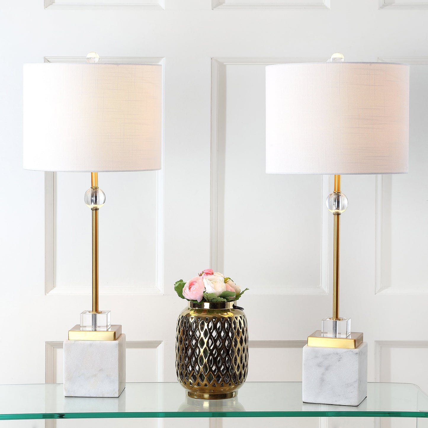 Modern Marble and Acrylic Base Table Lamps 30" Tall Set of 2 with Drum Lampshades Included