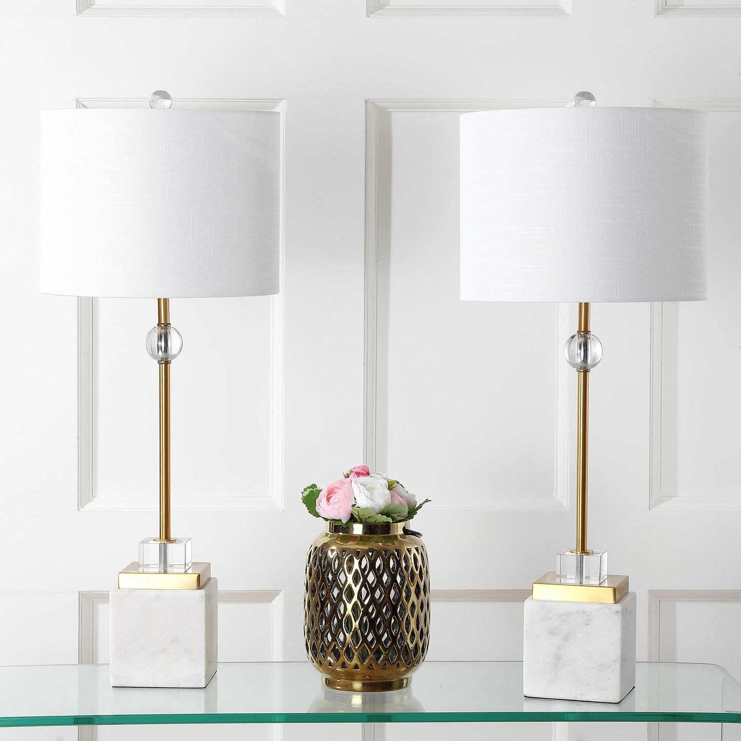 Modern Marble and Acrylic Base Table Lamps 30" Tall Set of 2 with Drum Lampshades Included